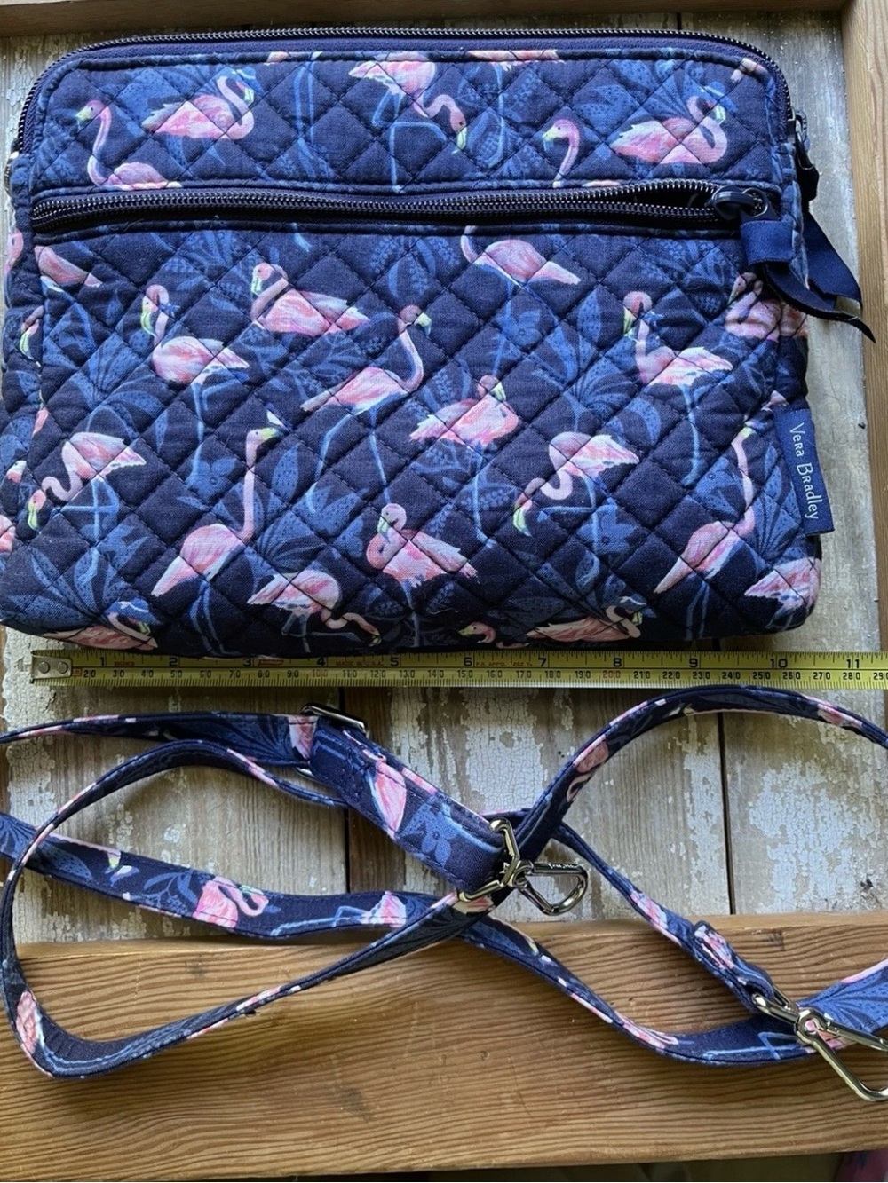 Vera Bradley Navy Quilted Crossbody Pink Flamingo Pattern Triple Compartment